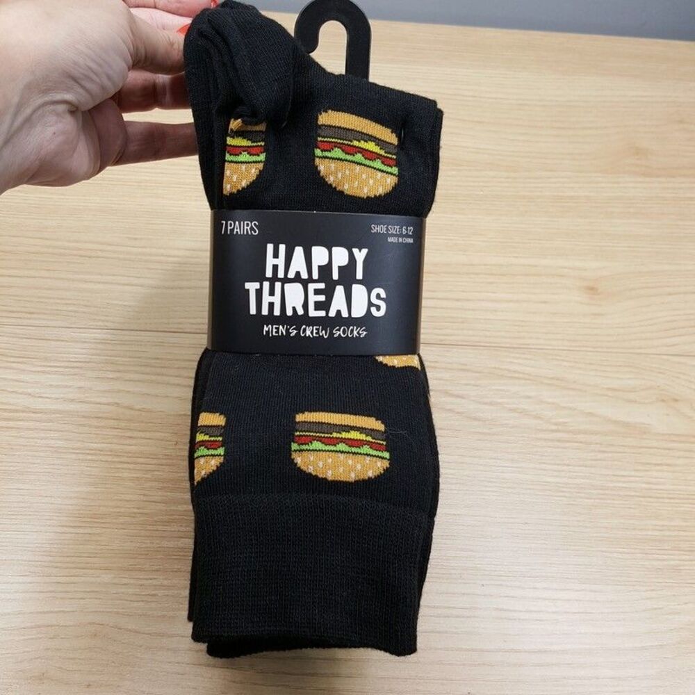 HAPPY THREADS Mens Crew Socks Black 7-Pack Hamburger Fries Pizza Food